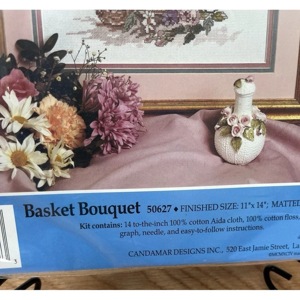 Vintage 90s Candamar Counted Cross Stitch Kit- Basket Bouquet Flowers 50627 NEW